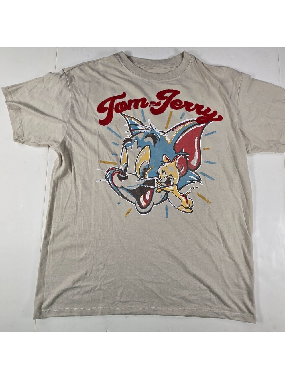 Tom and Jerry Graphic Print Short Sleeve Freeze T-Shirt Mens Size Medium Beige